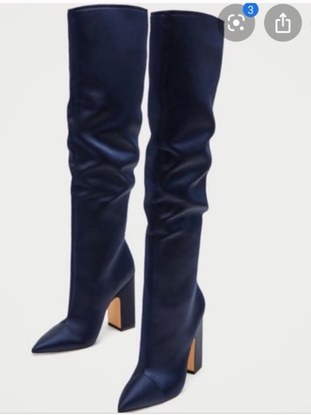 Zara Satin Navy Over-the-Knee Pointed Toe Block Heel Boots